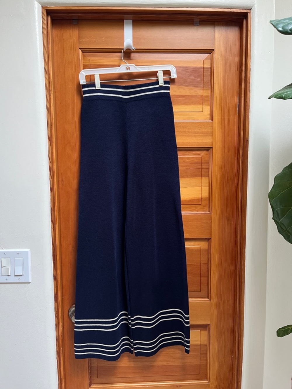 Navy Wide-Leg Knit Pants with Cream Stripe Trim